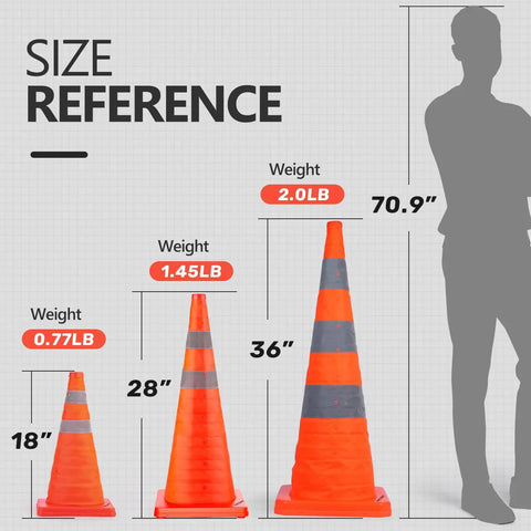 Silhouette size comparison of 4 Pack 18 Inch Collapsible Traffic Cones With Reflective Collar Orange Pop Up Safety Cones next to taller cones.