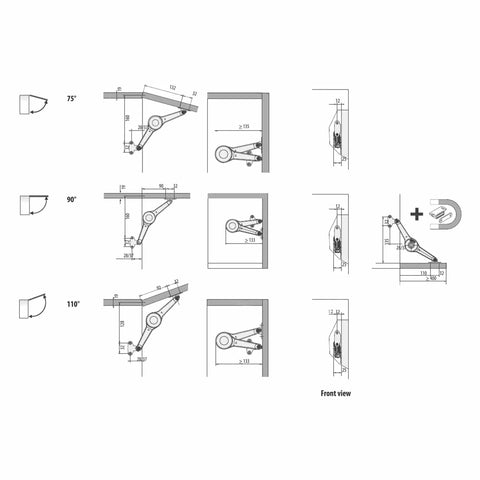Diagram showing Heavy Duty Dual Flap Lid Support Hinge Folding Arm For Cabinets And Toy Boxes With Adjustable 75 To 110 Degree Angle