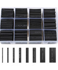 Heat Shrink Tubing Kit 650 Pieces Black 2 To 1 Shrink Ratio Wire Wrap Set in organizer box with assorted tube sizes.