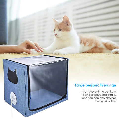 Pet Oxygen Chamber For Small Animals, Multi Function ICU Cage And Nebulizer, 100L Clear Portable Habitat with cat nearby