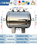 Beefy 10 Liter Stainless Steel Air Receiver Tank Kit With Half Inch Inlet Fitting, showing dimensions and fittings.