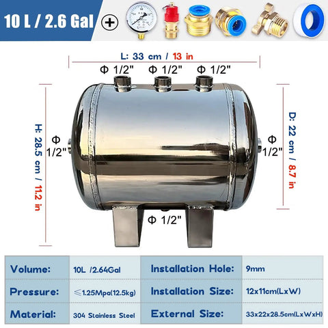 Beefy 10 Liter Stainless Steel Air Receiver Tank Kit With Half Inch Inlet Fitting, showing dimensions and fittings.