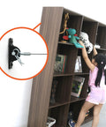 Anti Tip Furniture Anchors For Dresser, Bookshelf And Cabinet Safety, Heavy Duty Wall Straps Kit; child reaching for toys on bookshelf