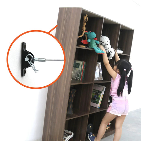Anti Tip Furniture Anchors For Dresser, Bookshelf And Cabinet Safety, Heavy Duty Wall Straps Kit; child reaching for toys on bookshelf