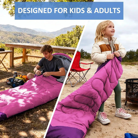All Season Camping Sleeping Bag for Adults and Kids, Lightweight and Waterproof, used by campers outdoors.
