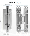 Heavy Duty Hidden Door Hinges Silver 4 Pack 6 Inch Concealed Cabinet Hardware shown from front and side with size measurements.