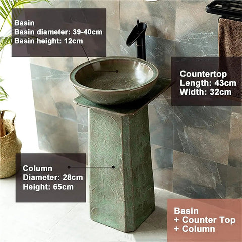 Top Shelf Ceramic Vessel Sink With Faucet And Drain Combo High Gloss Glazed Retro Pedestal Basin with dimensions on display.