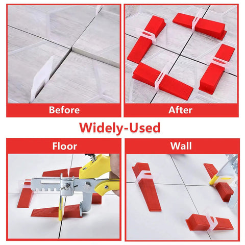 Red Pro Grade Reusable Tile Leveling Wedges Kit for floors and walls with spacers, before and after installation example