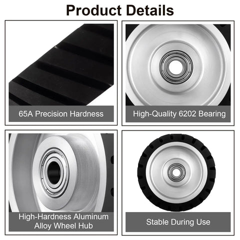 Tough 6X2 Inch Serrated Rubber Contact Wheel For Belt Grinder Machine With 6202 Bearing And 65A Hardness detail view, showcasing hard rubber and aluminum hub.