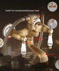 Top Shelf Antique Brass Shower System With Swivel Tub Spout And Adjustable Handheld Sprayer Featuring 8 Inch Rain Shower Head, detailed view of controls.