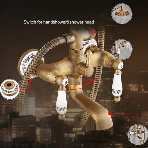 Top Shelf Antique Brass Shower System With Swivel Tub Spout And Adjustable Handheld Sprayer Featuring 8 Inch Rain Shower Head, detailed view of controls.