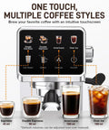 No Stress Touchscreen Espresso Machine With Automatic Milk Frother And 20 Bar Pressure, showcasing digital interface and drink options.
