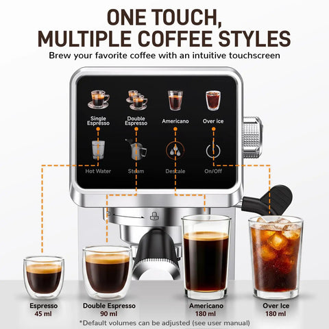 No Stress Touchscreen Espresso Machine With Automatic Milk Frother And 20 Bar Pressure, showcasing digital interface and drink options.