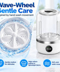 Wave-Wheel design of Compact Cordless Mini Washing Machine Rechargeable Portable Spin Action for delicates and lightweight fabrics.