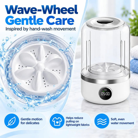 Wave-Wheel design of Compact Cordless Mini Washing Machine Rechargeable Portable Spin Action for delicates and lightweight fabrics.