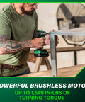 Person using 18V MultiVolt Brushless Impact Driver Kit With 2 Batteries Charger Quick Change Quarter Inch Chuck on metal frame