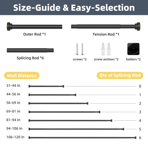 Size guide showing No Drill Tension Shower Curtain Rod 31 To 120 Inches, 1.1 Inch Diameter Rustproof Stainless Steel parts and installation options.