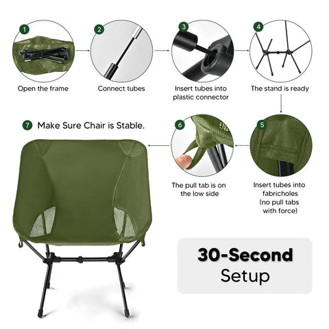 Assembly steps for Ultra Lightweight Folding Camp Chair With Carry Bag For Outdoor Travel Beach Picnic Festival Grab And Go 2.5 Pound Portable Backpacking Seat Green Easy Setup Sturdy Frame For Any Outdoor Adventure