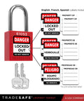 Red padlock with danger locked out tag and keys, multilingual labels included. Part of Worksite Ready Lockout Tagout Station Kit.