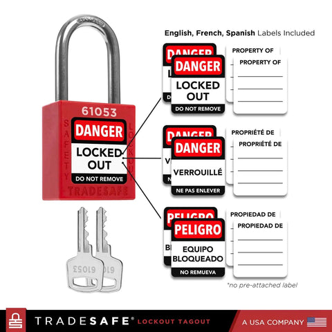Red padlock with danger locked out tag and keys, multilingual labels included. Part of Worksite Ready Lockout Tagout Station Kit.