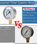 Comparison of Boltigen oil-filled water pressure gauge with stainless steel case vs competitor's plastic gauge.