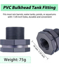 Three Quarters Inch PVC Bulkhead Fitting With Four Millimeter Silicone Seal Gasket for Rain Barrels Aquariums Water Tanks Ponds Pools Buckets Universal Fit and Reversible Locking Nut Beefed Up Durable Leak Proof, dimensions displayed