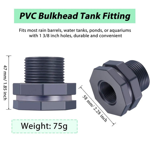 Three Quarters Inch PVC Bulkhead Fitting With Four Millimeter Silicone Seal Gasket for Rain Barrels Aquariums Water Tanks Ponds Pools Buckets Universal Fit and Reversible Locking Nut Beefed Up Durable Leak Proof, dimensions displayed