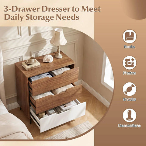 Knockout Rustic Farmhouse Three Drawer Dresser Heavy Duty Wooden Storage Chest with smooth gliding drawers in a bedroom setting.