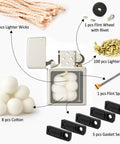 Universal Lighter Repair Kit For Zippo And Kerosene Models featuring 30 lighter wicks, 100 flints, and cotton pads.