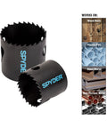 Bi-Metal Master Electrician Hole Saw Kit, Seventeen-Piece Set with 13 saws, visible on wood, plastic, and metal materials.