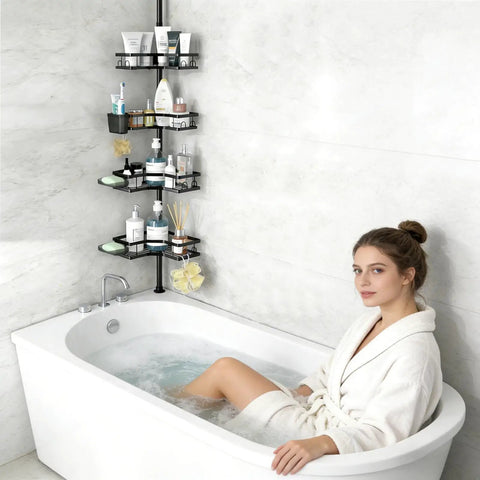 Corner Shower Caddy Tension Pole 4 Tier Rustproof Shelves next to bathtub with toiletries, adjustable floor standing bath rack holder.