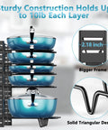 Heavy Duty Adjustable Pots And Pans Organizer Under Cabinet With Anti Slip Rubber Dividers Tight Fit Home Kitchen Storage Rack, holding multiple blue pots securely stacked.