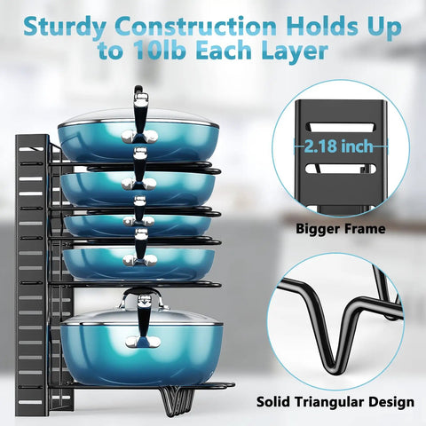 Heavy Duty Adjustable Pots And Pans Organizer Under Cabinet With Anti Slip Rubber Dividers Tight Fit Home Kitchen Storage Rack, holding multiple blue pots securely stacked.
