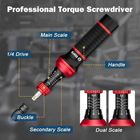 Torque Screwdriver Set 10 To 80 In Lb, 99 Piece Precision Kit With T Bar And 1 Quarter Inch Quick Change Adapter, labeled parts