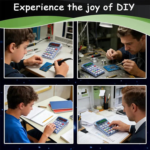 Hands On Soldering Practice Kit With 7 Digit LED Display Calculator And Resistor Decoder, people soldering and learning