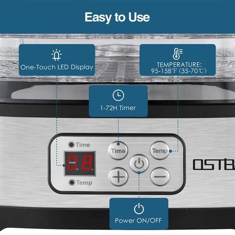 Top Shelf 5 Tray Electric Food Dehydrator Boasting A Slick Digital Led Touchscreen, showing LED display and control panel.