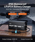 Rugged 10 Amp 12 Volt Lithium Battery Charger With IP65 Waterproof Rating For LifePo4 Batteries And Automatic Bms Recovery Function on a boat.