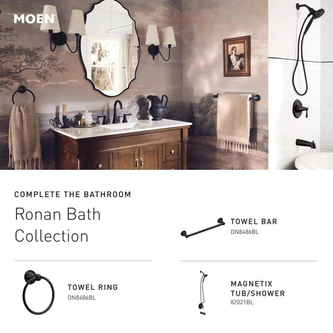 Elegant bathroom setting featuring Ronan Matte Black Two-Handle 4-Inch Centerset Modern Bathroom Faucet With Push-Down Drain.
