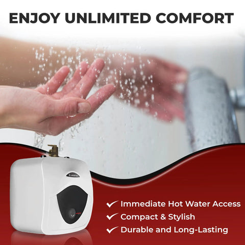 2.5 Gallon 120 Volt Mini Tank Water Heater For Under Sink And RV Use providing instant water in compact silver design