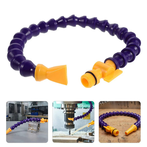 Flexible Coolant Hose With Half Inch Thread And Flat Nozzle Switch, Adjustable Water Pipe For Lathes, Mills And Hydraulic Cooling Systems, About Twenty Three Point Six Inch Length in use and detail view.