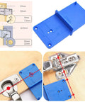 Blue Yakamoz 35mm concealed hinge jig kit with drill guide and hinge installation diagram.