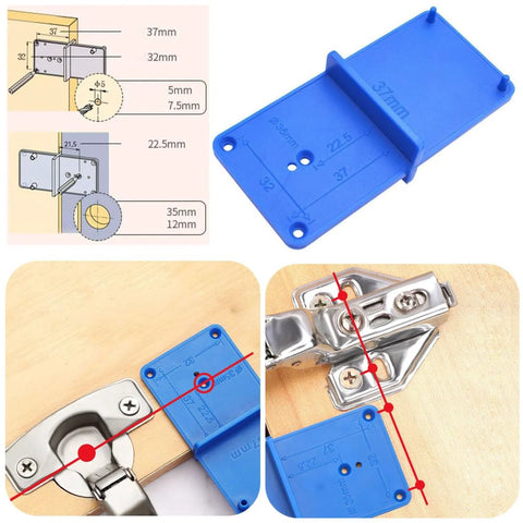 Blue Yakamoz 35mm concealed hinge jig kit with drill guide and hinge installation diagram.
