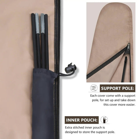 Heavy Duty 600D Patio Parasol Cover For Offset Banana Cantilever Umbrellas 7.5 To 11.5 Feet with support pole and inner pouch