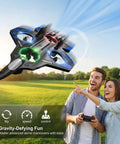 Foam RC Airplane With Lights, 360 Flip Stunt Fighter Jet Drone flying in park with two people controlling, blue sky background