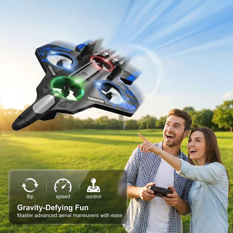 Foam RC Airplane With Lights, 360 Flip Stunt Fighter Jet Drone flying in park with two people controlling, blue sky background