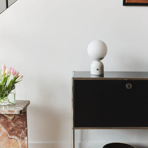 10 Inch Table Lamp With Marble Base And Frosted Glass Shade on sleek cabinet, Cozy Bedside Reading Light For Bedroom And Living Room