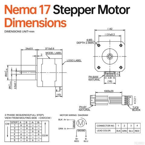 Diagram showing Nema 17 stepper motor dimensions and wiring for 5 Pack Nema 17 Stepper Motors 2 Phase 1.8 Degree 0.47Nm High Torque