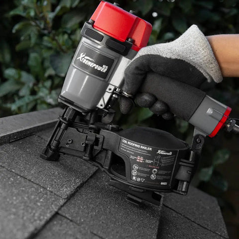 Coil Siding And Roofing Nailer For DIY Pros - Pro Grade Pneumatic 16-Degree Nail Gun in use on roofing shingles