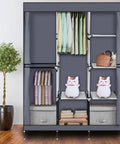 Portable Closet Wardrobe Organizer With Dustproof Cover Freestanding Storage Rack Hella Spacious Clothes Armoire For Dorm Or Apartment Straight Up Easy Pop Up Build Grey showcasing grey design with clothes, shelves, and plush toys.