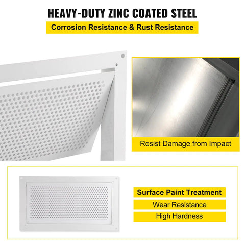 8x16 Inch Crawl Space Flood Vent Wall Mounted White Foundation Vent shown in heavy-duty zinc coated steel with corrosion resistance
